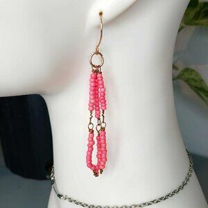 Neon Pink Beaded Dangle Earrings, Copper Jewelry, Boho Chic 3.5"